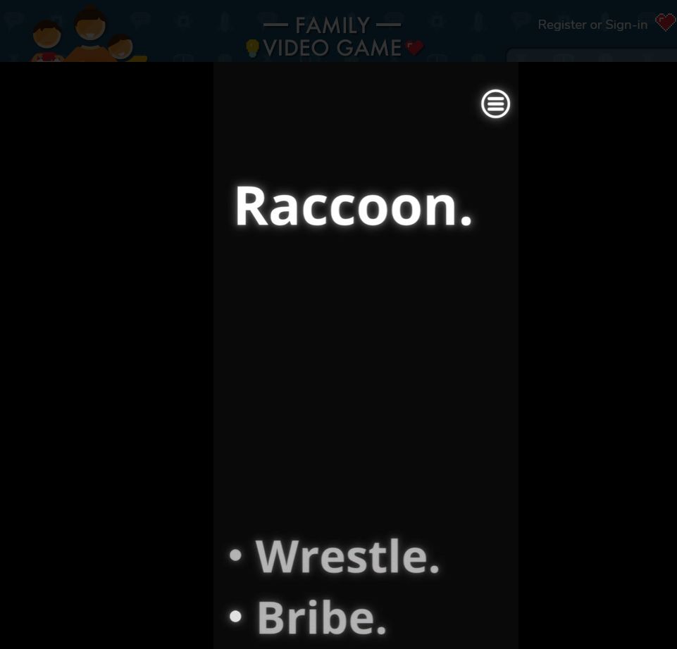 Gameplay from "Ord". Screen displays the word "Raccoon." and options to "Wrestle." or "Bribe." the Raccoon.