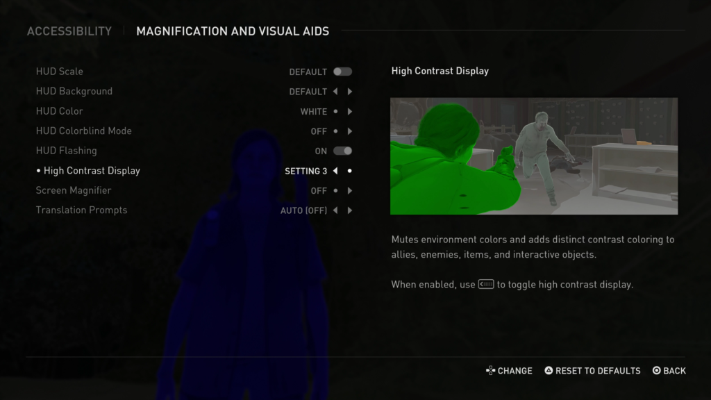 Last of Us II screenshot depicting high contrast mode