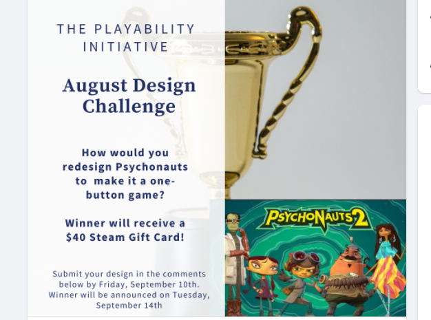 August Design Challenge Prompt asking how designers would make Psychonauts a one button game.