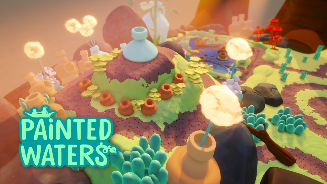 Screenshot of level from Painted Waters. A miniature sunlit garden with paths, pots, flowers and dandelion puffs.